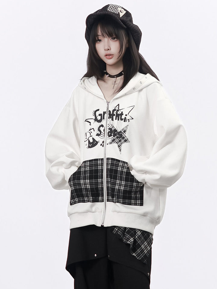 Grunge Cat Graphic Zip-Up Hoodie