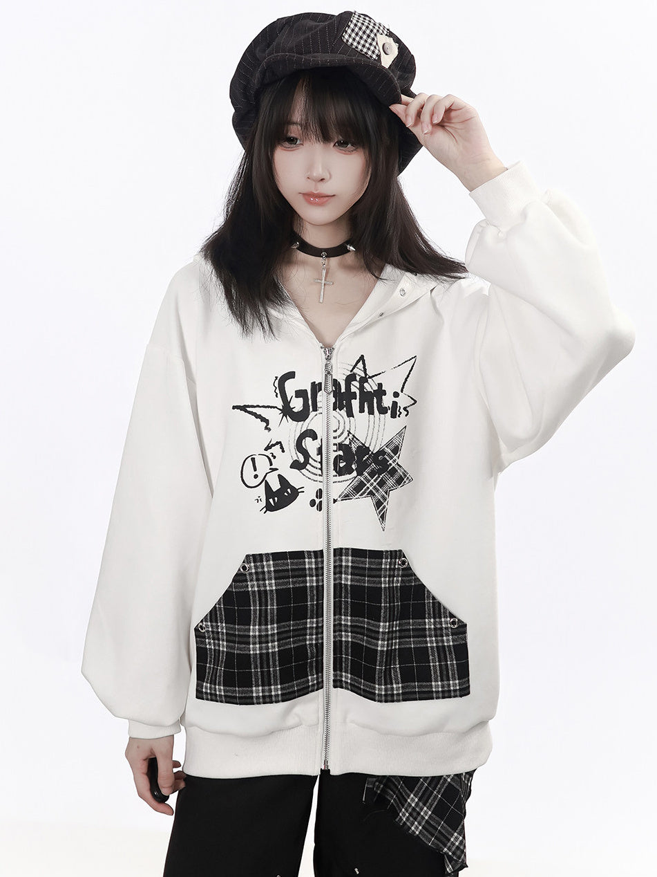 Grunge Cat Graphic Zip-Up Hoodie