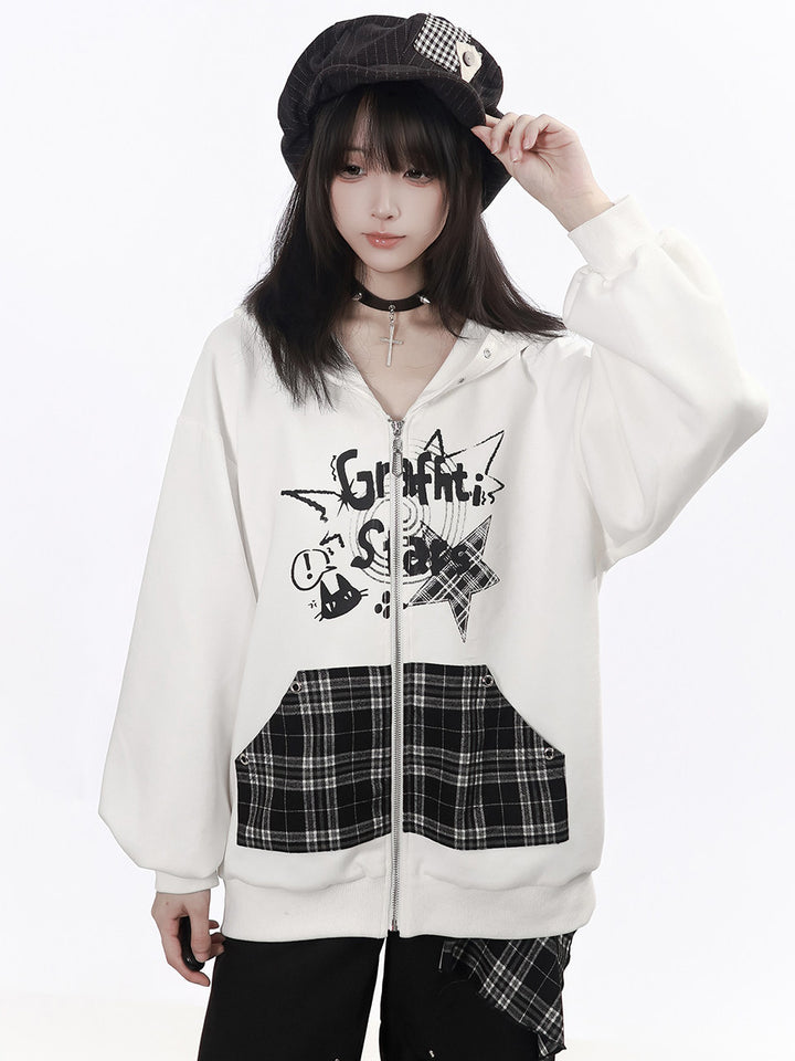 Grunge Cat Graphic Zip-Up Hoodie