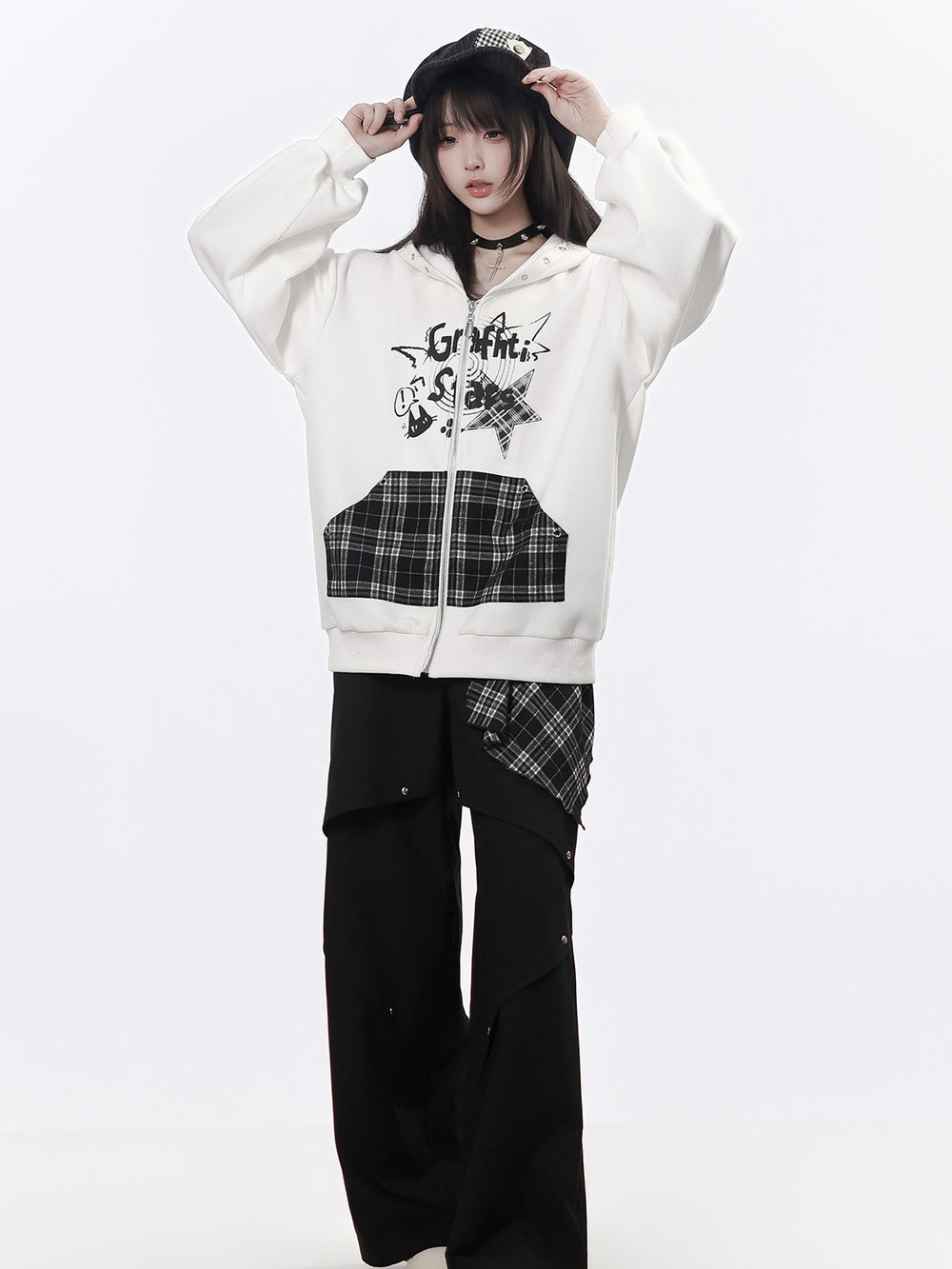 Grunge Cat Graphic Zip-Up Hoodie