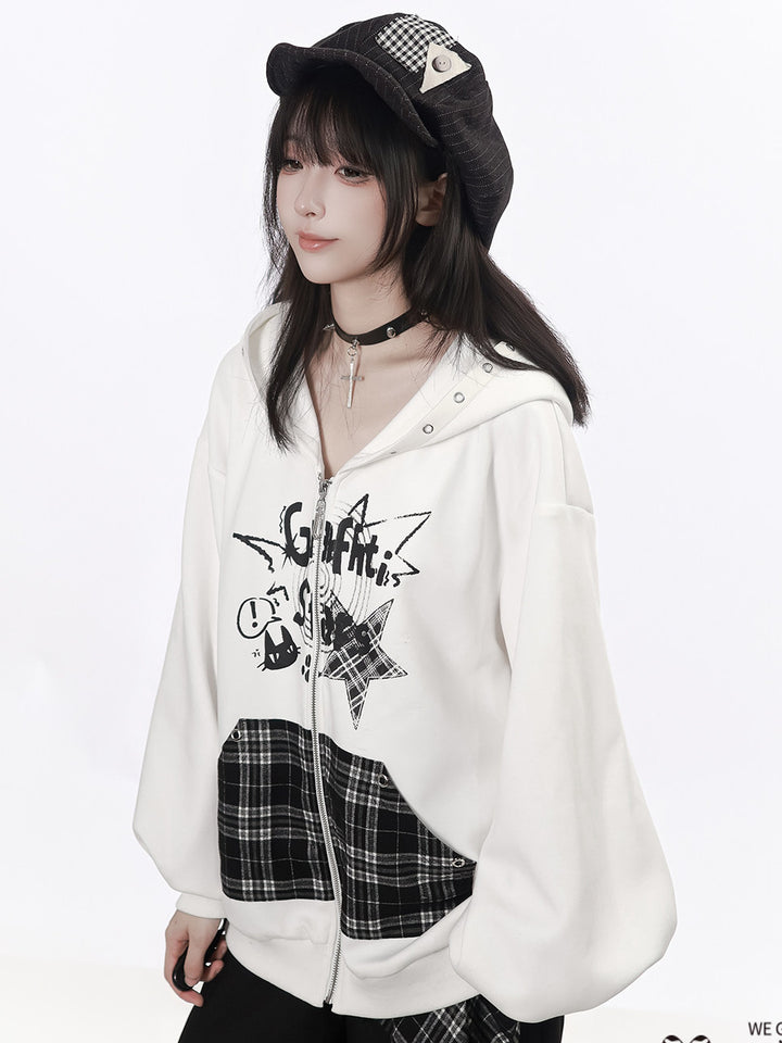 Grunge Cat Graphic Zip-Up Hoodie