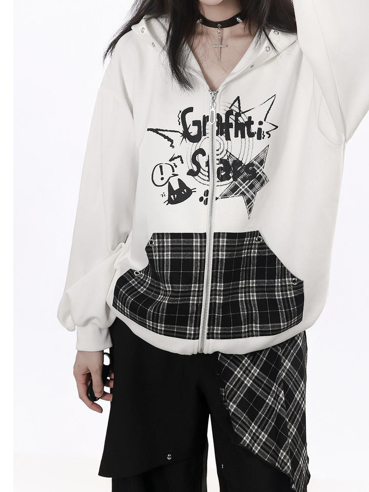 Grunge Cat Graphic Zip-Up Hoodie