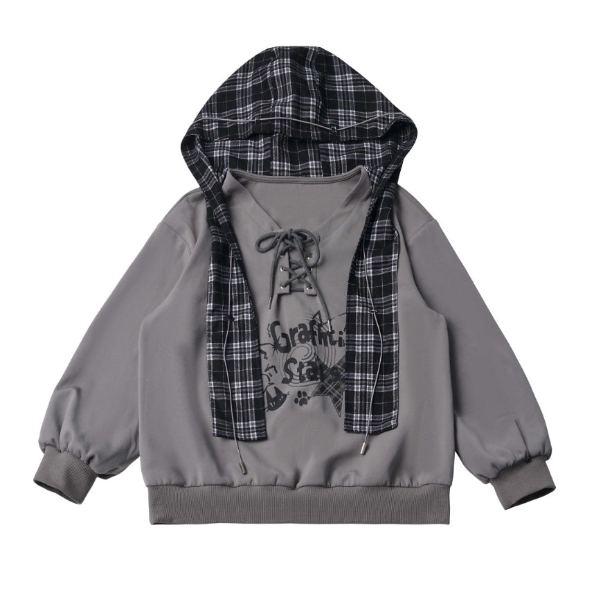Plaid Hood Cat Graphic Sweatshirt