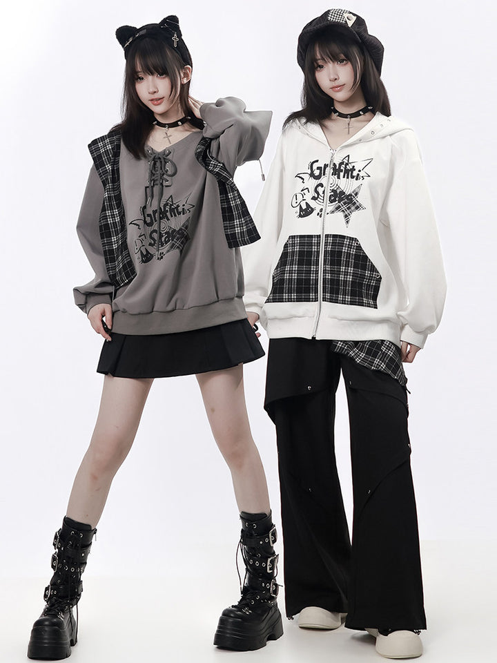 Plaid Hood Cat Graphic Sweatshirt