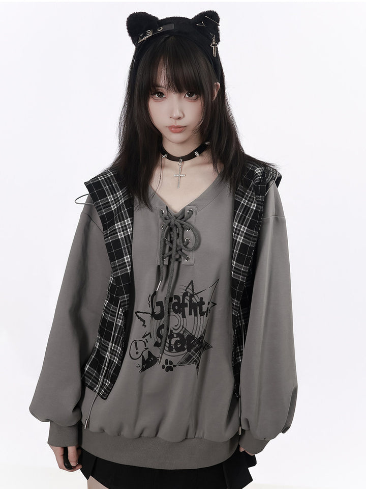 Plaid Hood Cat Graphic Sweatshirt