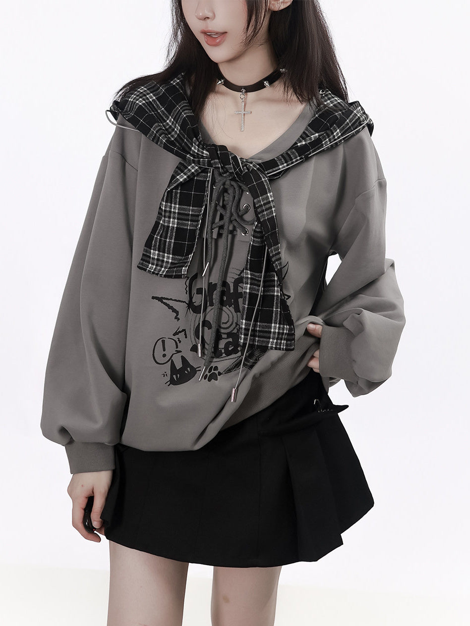 Plaid Hood Cat Graphic Sweatshirt