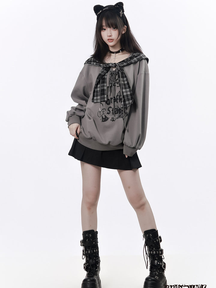 Plaid Hood Cat Graphic Sweatshirt