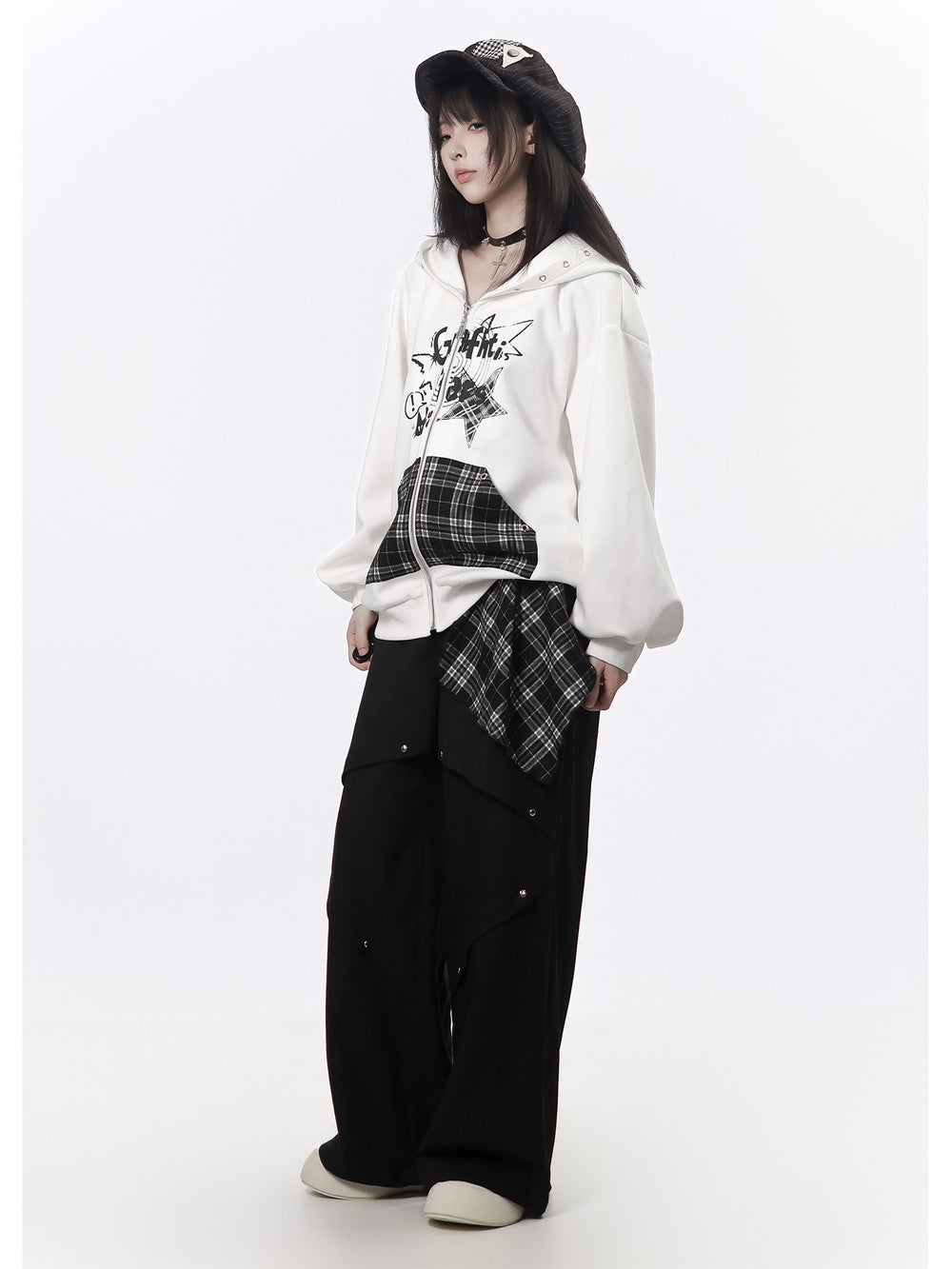 Grunge Plaid Panel Wide Leg Pants