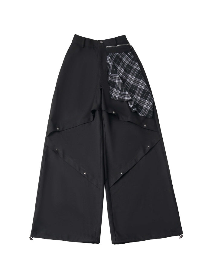 Grunge Plaid Panel Wide Leg Pants