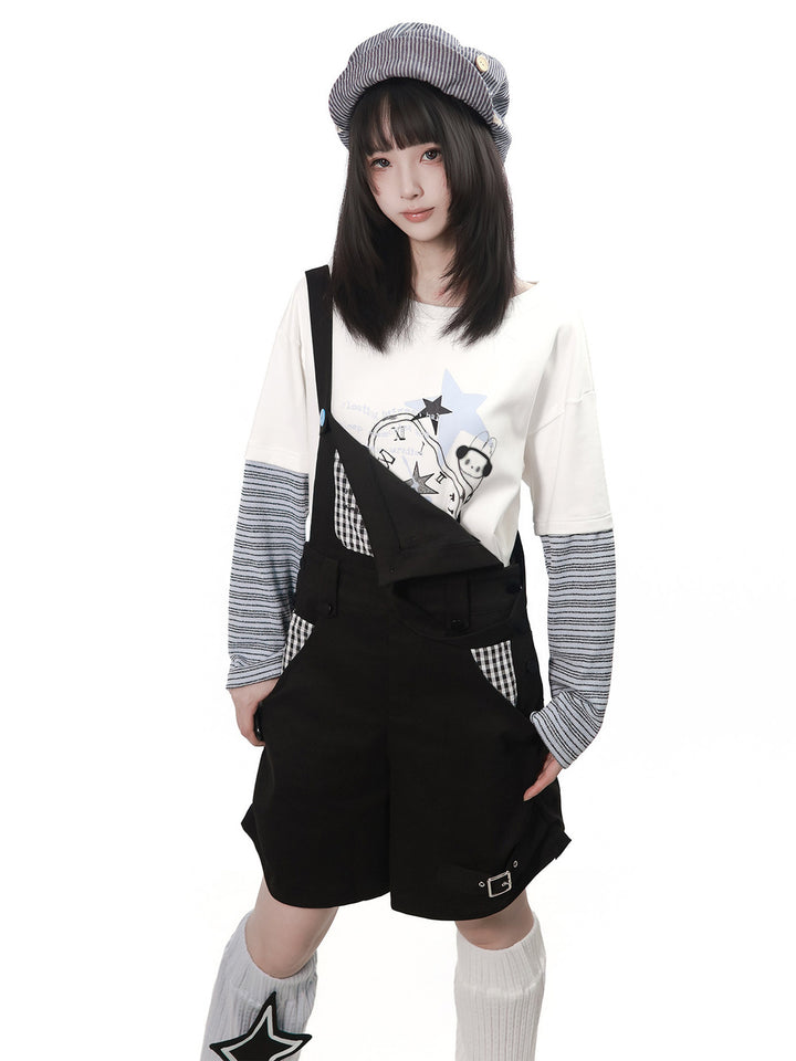 Black Gingham Patch Overall Shorts
