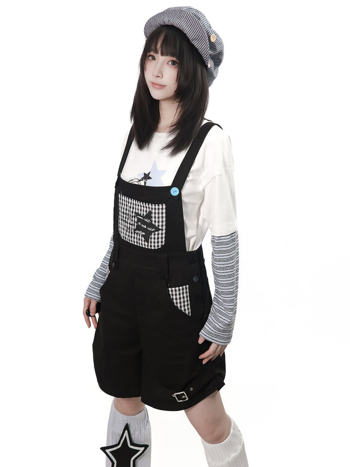Black Gingham Patch Overall Shorts