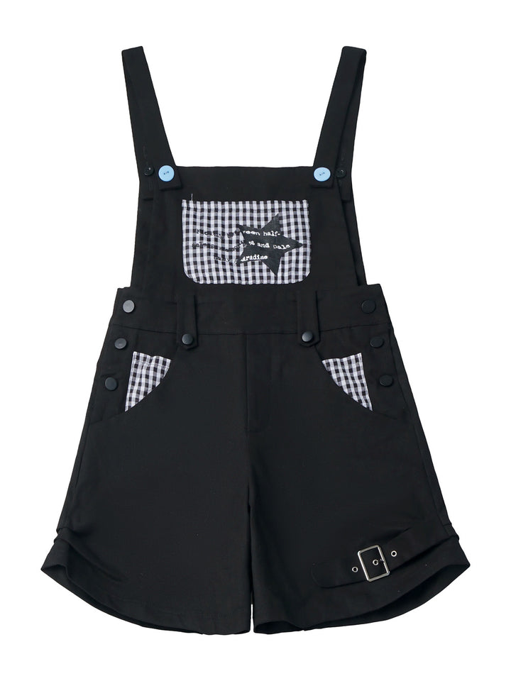 Black Gingham Patch Overall Shorts