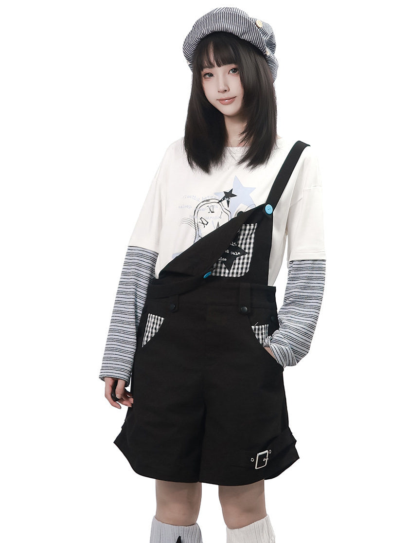 Black Gingham Patch Overall Shorts