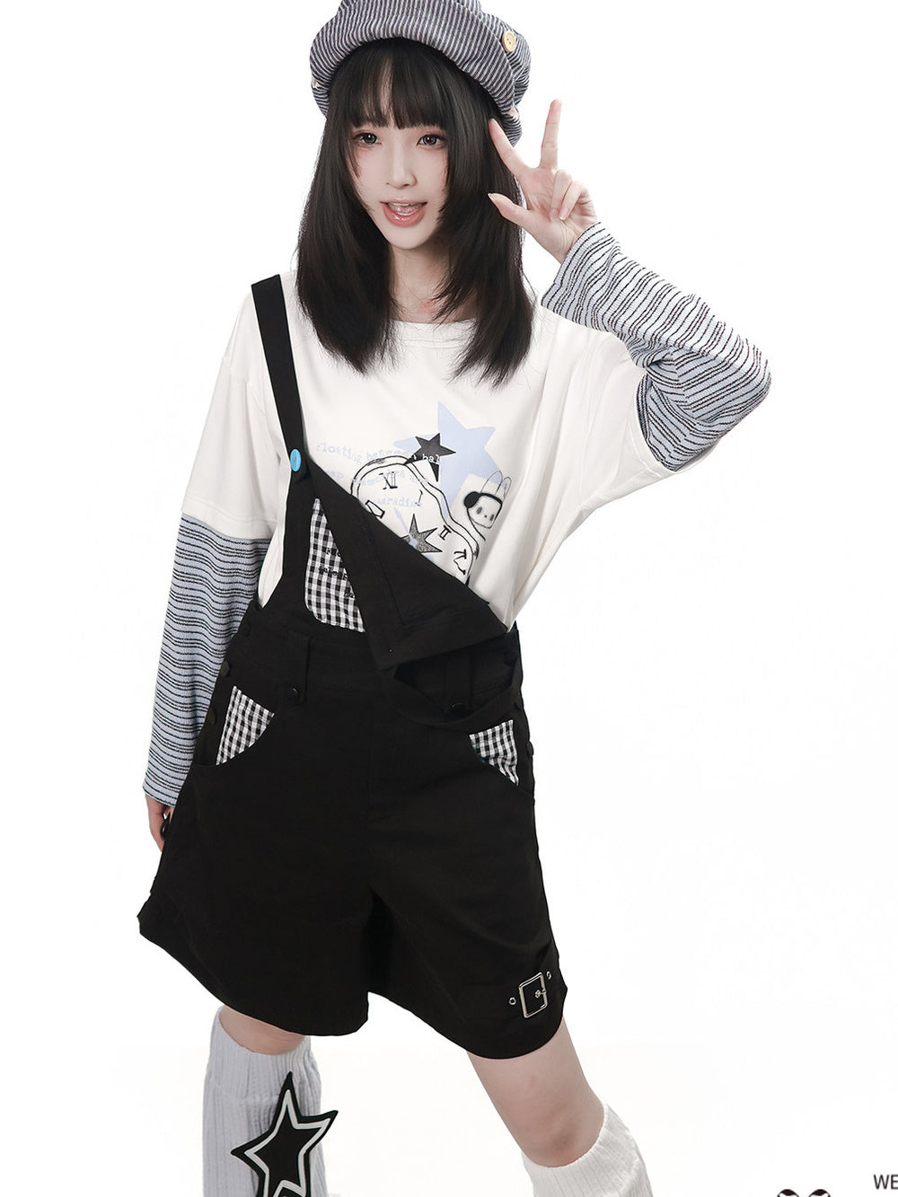 Black Gingham Patch Overall Shorts