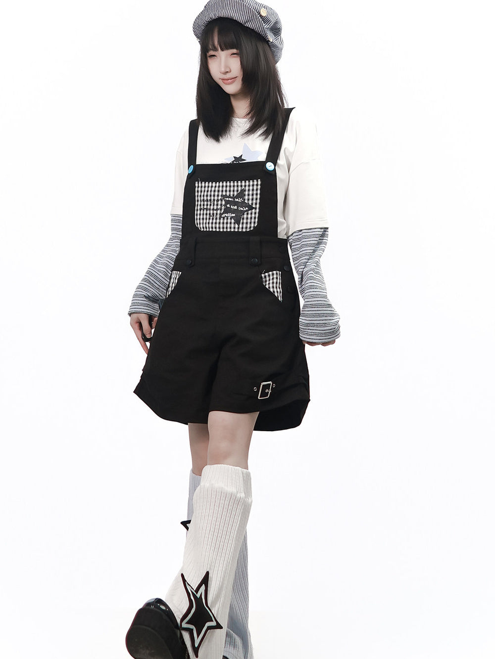 Black Gingham Patch Overall Shorts