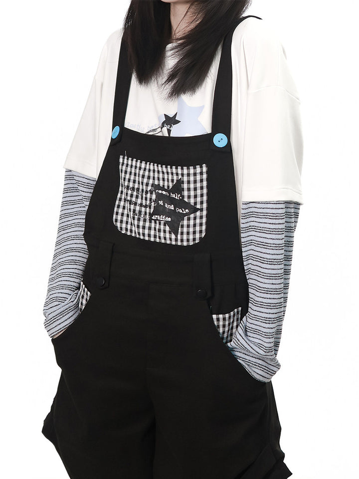 Black Gingham Patch Overall Shorts