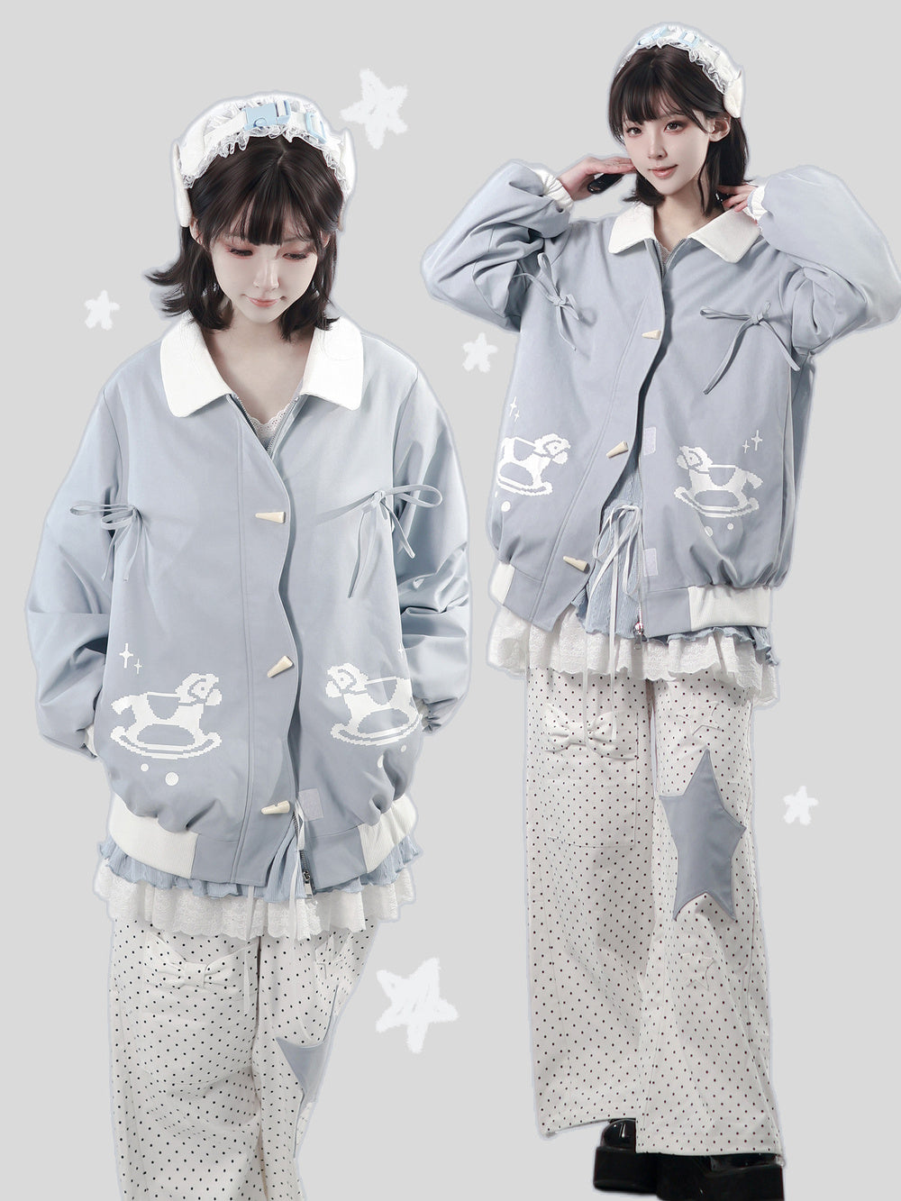 Light Blue Rocking Horse Bomber Jacket