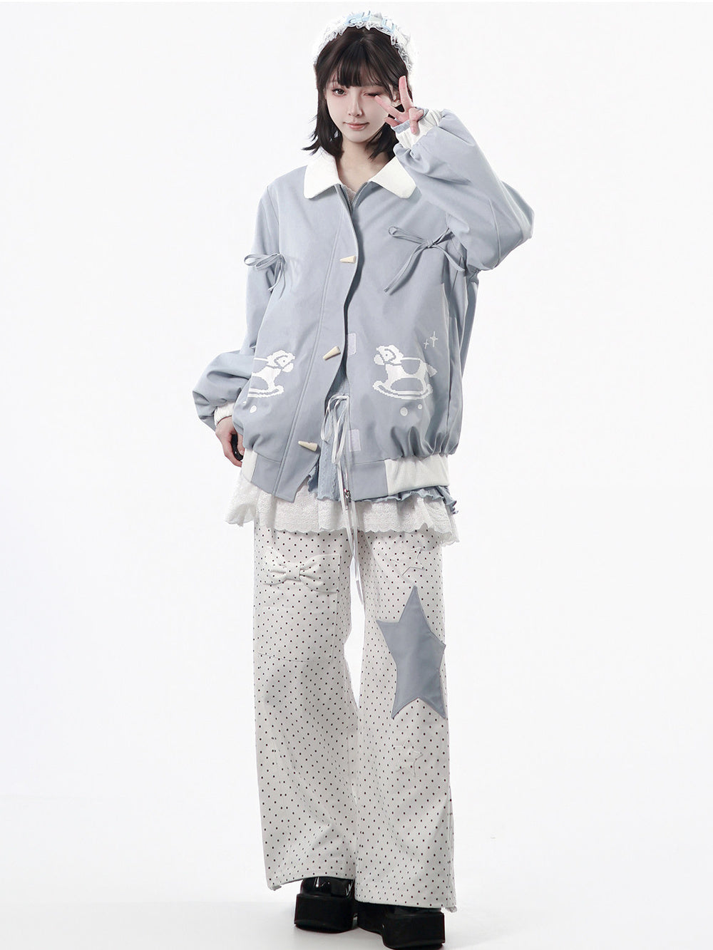Light Blue Rocking Horse Bomber Jacket