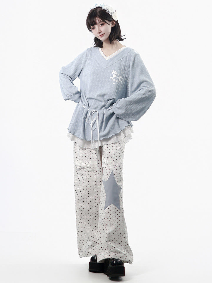 Star Patch Polka Dot Wide Leg Pants