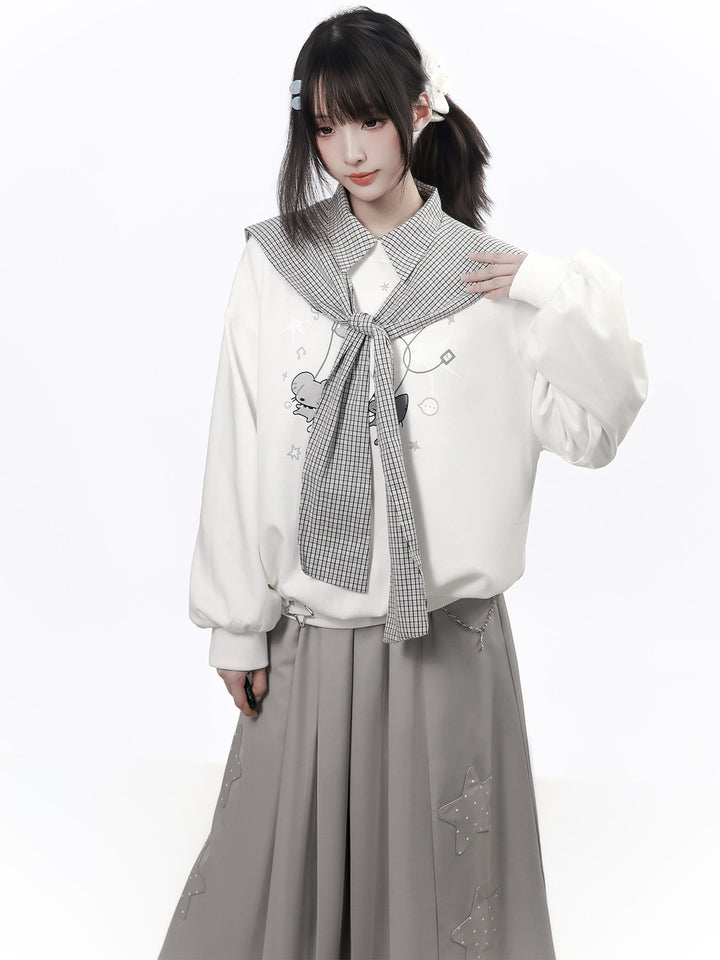 Mouse Graphic Plaid Cape Collar Sweatshirt
