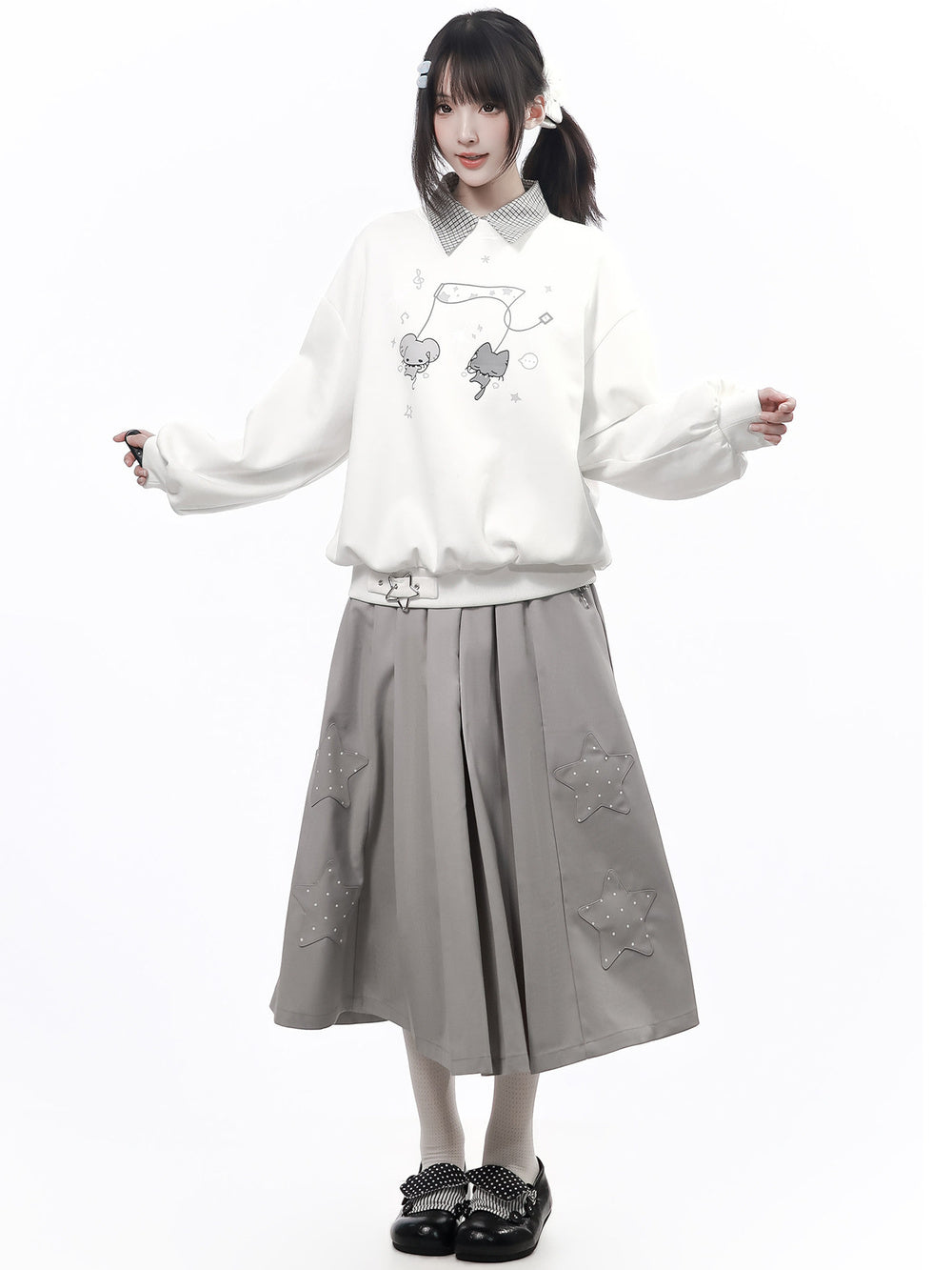 Mouse Graphic Plaid Cape Collar Sweatshirt