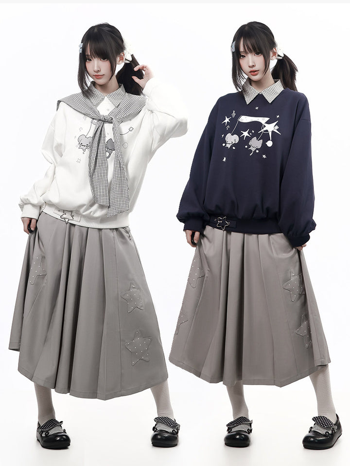 Mouse Graphic Plaid Cape Collar Sweatshirt