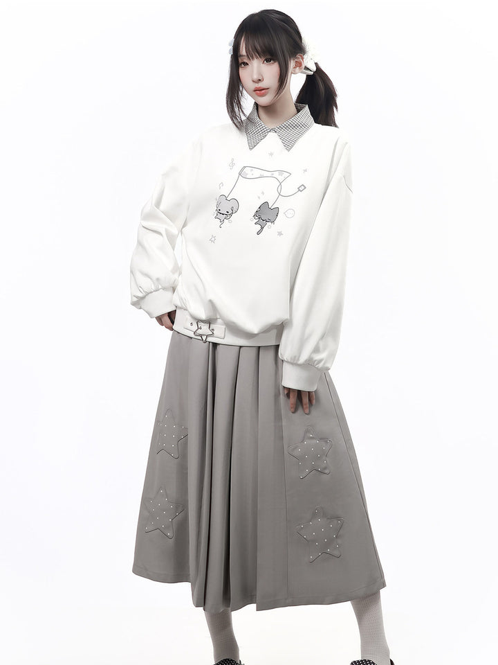 Mouse Graphic Plaid Cape Collar Sweatshirt