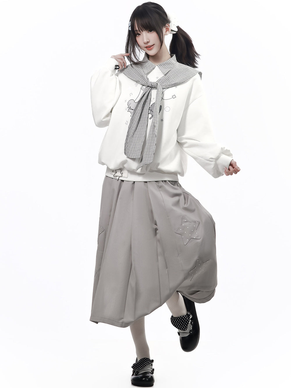 Mouse Graphic Plaid Cape Collar Sweatshirt
