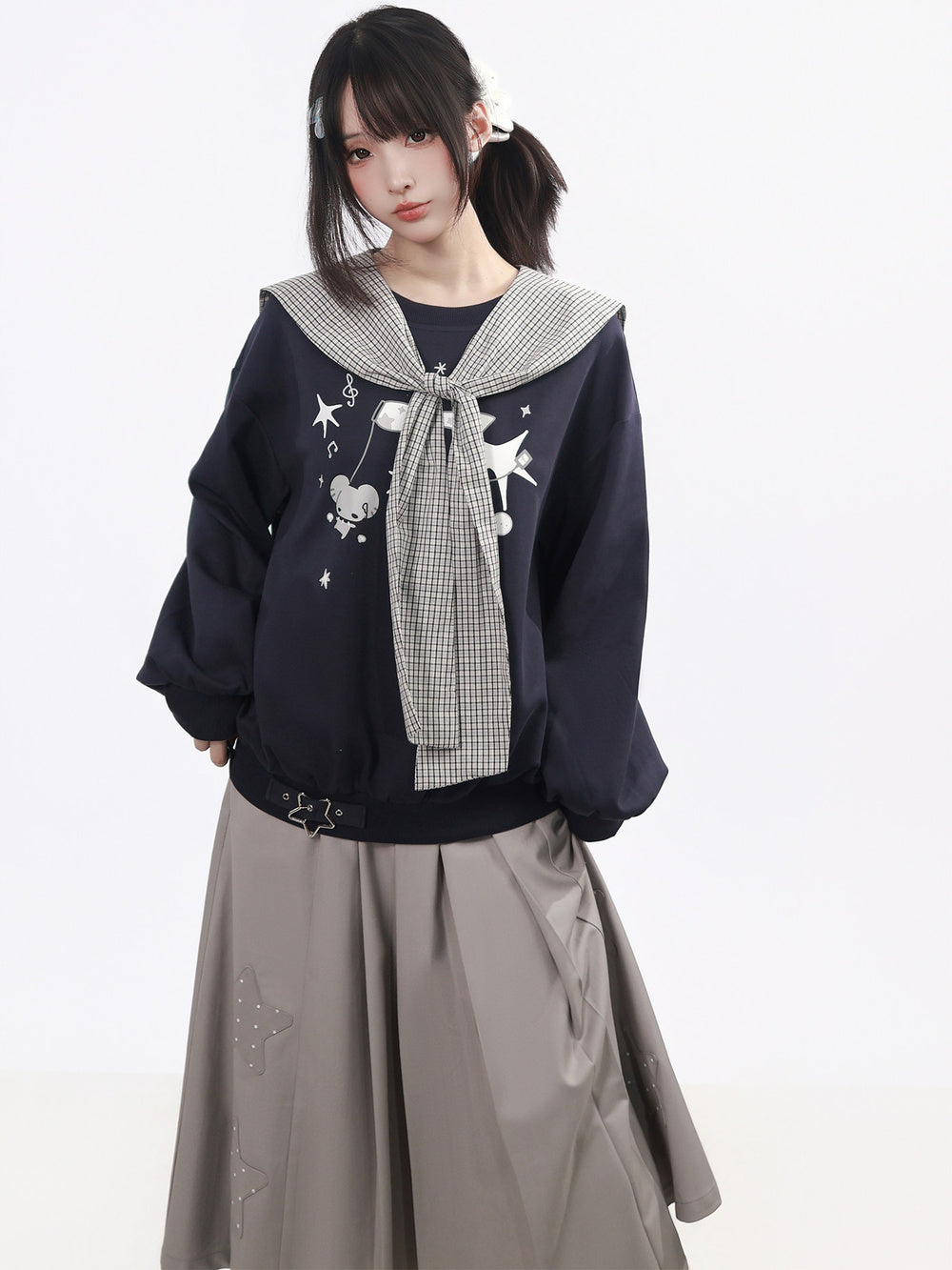 Gray Micro Plaid Sailor Capelet