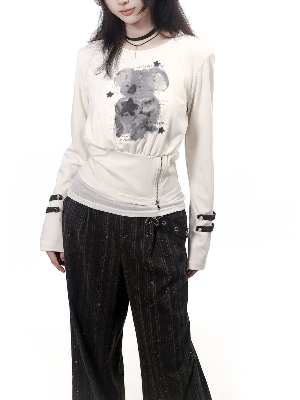 Bear Graphic Zip-Waist Long Sleeve Top