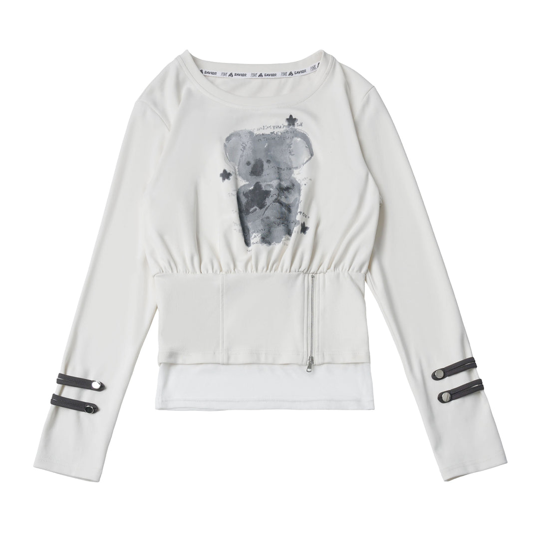 Bear Graphic Zip-Waist Long Sleeve Top