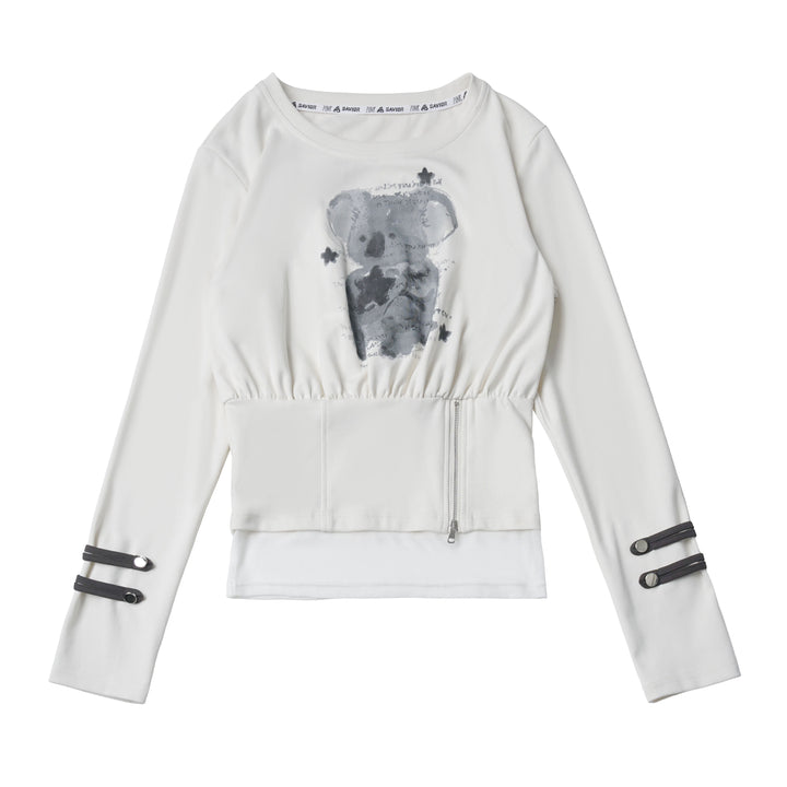 Bear Graphic Zip-Waist Long Sleeve Top