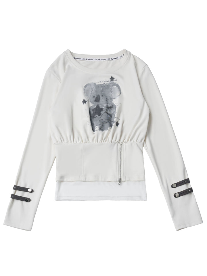 Bear Graphic Zip-Waist Long Sleeve Top