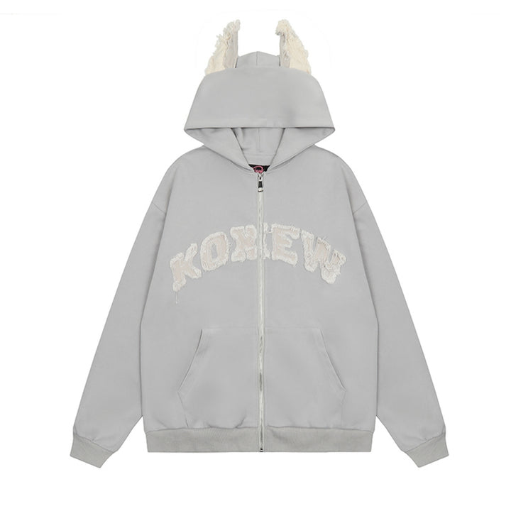 Black/Gray Letter Embroidery 3D Ears Hooded Zip-Up Sweatshirt