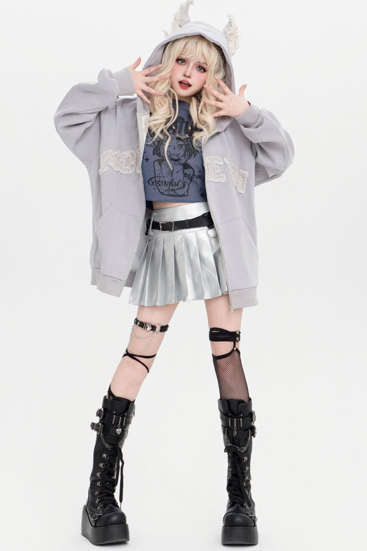 Black/Gray Letter Embroidery 3D Ears Hooded Zip-Up Sweatshirt