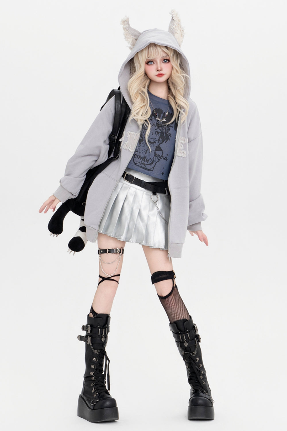 Black/Gray Letter Embroidery 3D Ears Hooded Zip-Up Sweatshirt