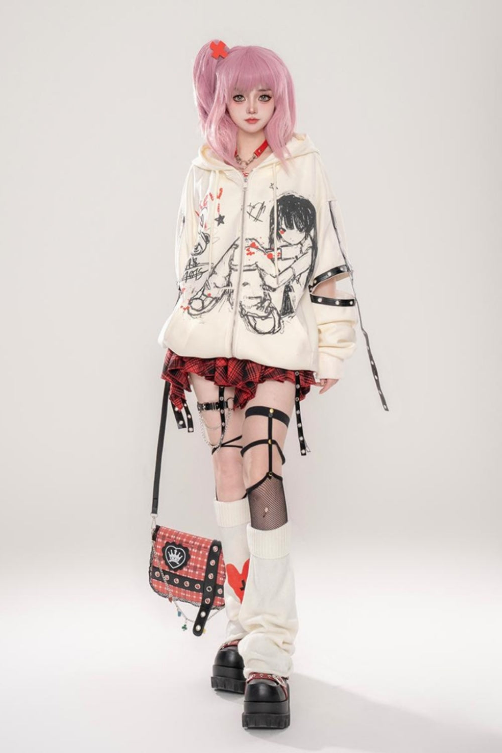 Japanese manga-style hooded Beige Loose sweatshirt