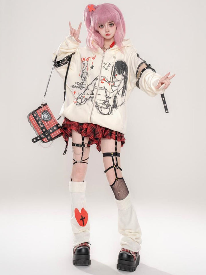 Japanese manga-style hooded Beige Loose sweatshirt