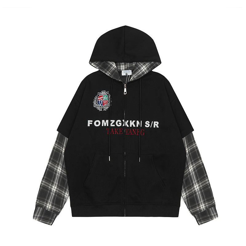 Black Fake Two-Piece Hooded Zip-Up Sweatshirt for Autumn/Winter