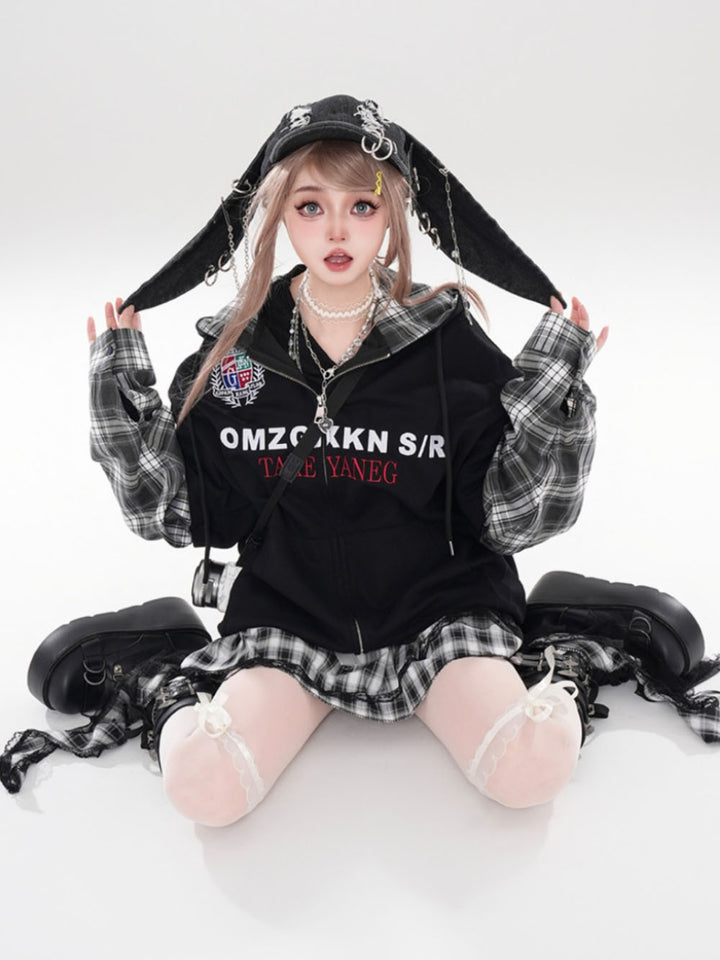 Black Fake Two-Piece Hooded Zip-Up Sweatshirt for Autumn/Winter