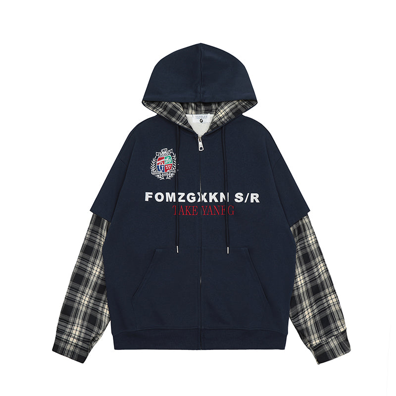 Navy Blue Fake Two-Piece Hooded Zip-Up Sweatshirt for Autumn/Winter