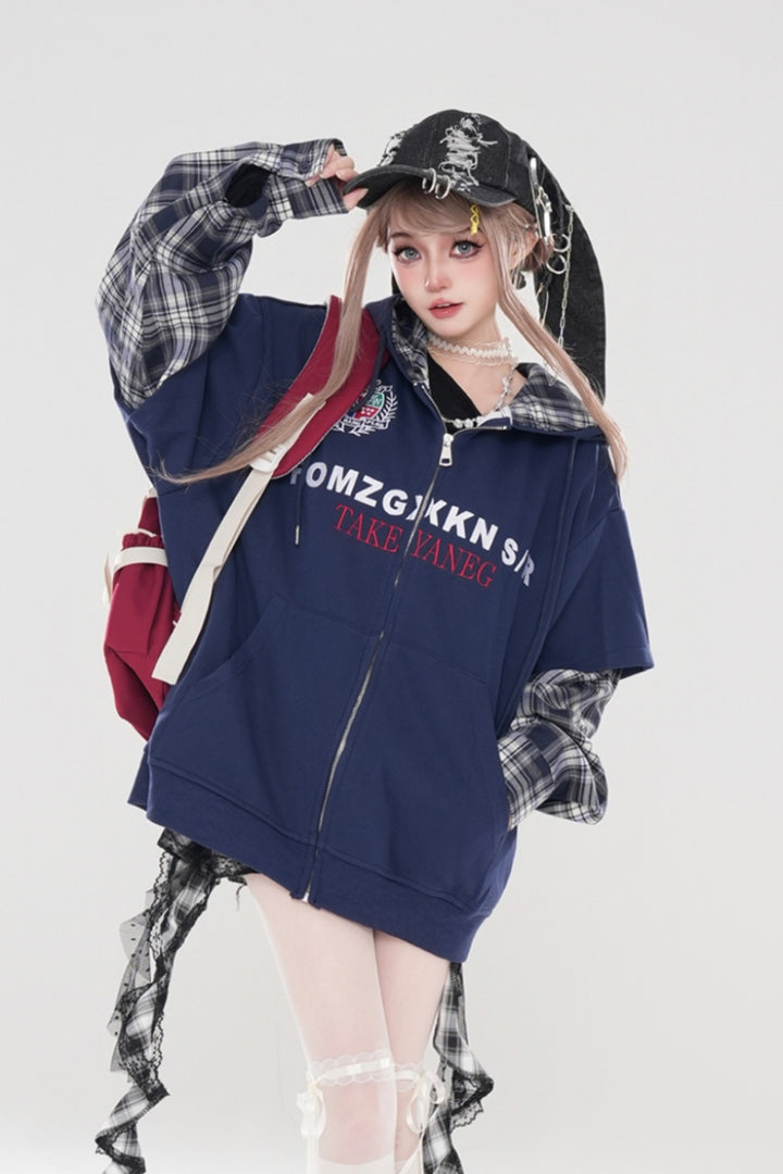 Navy Blue Fake Two-Piece Hooded Zip-Up Sweatshirt for Autumn/Winter