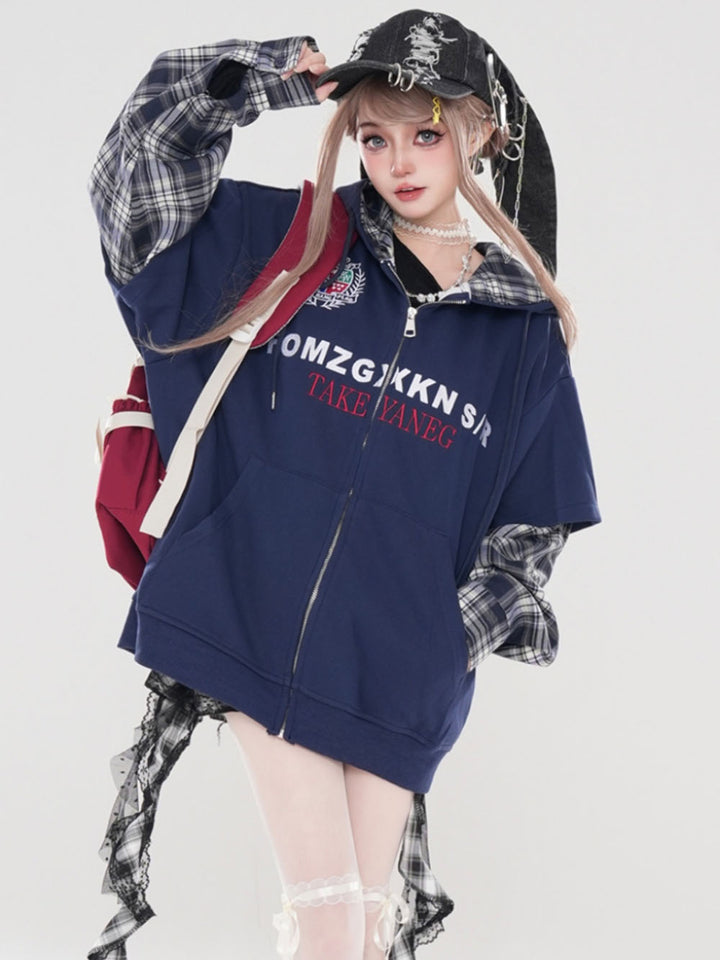 Navy Blue Fake Two-Piece Hooded Zip-Up Sweatshirt for Autumn/Winter