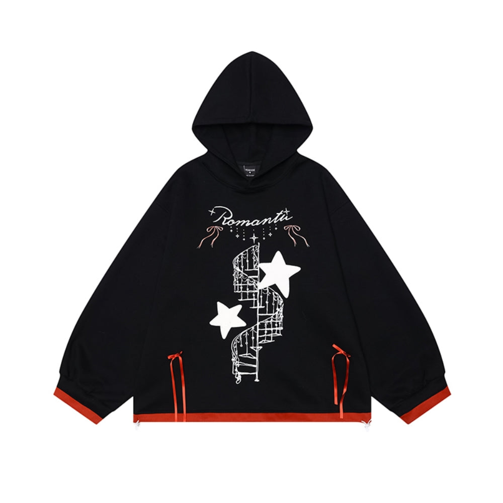 Black Star Letter Print Subculture Hooded Sweatshirt for Autumn/Winter