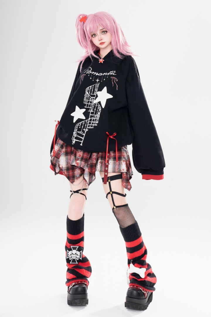 Black Star Letter Print Subculture Hooded Sweatshirt for Autumn/Winter