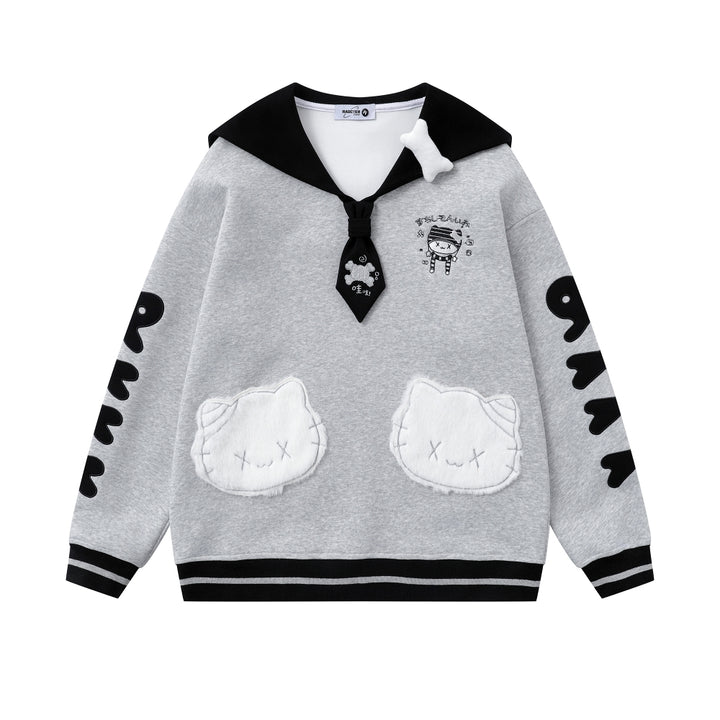 Light Gray and Black Cat Letter Embroidery Sailor Collar Sweatshirt for Spring