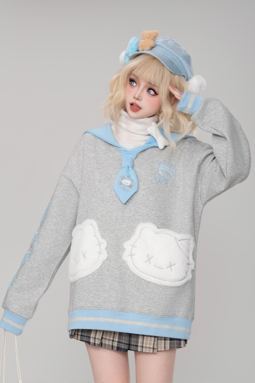 Light Gray and Blue Cat Letter Embroidery Sailor Collar Sweatshirt for Spring