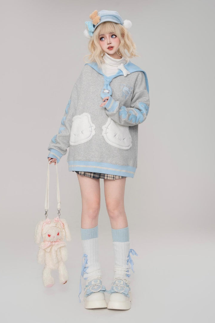 Light Gray and Blue Cat Letter Embroidery Sailor Collar Sweatshirt for Spring