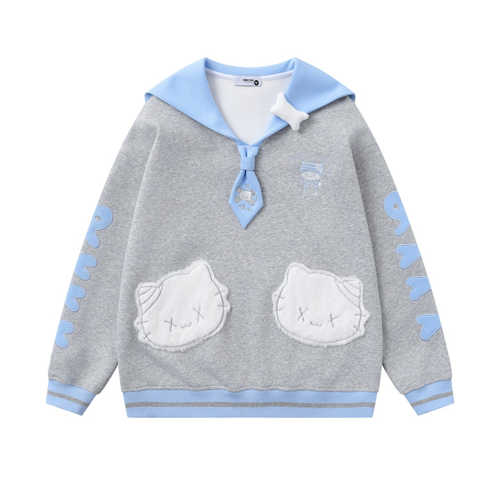 Light Gray and Blue Cat Letter Embroidery Sailor Collar Sweatshirt for Spring