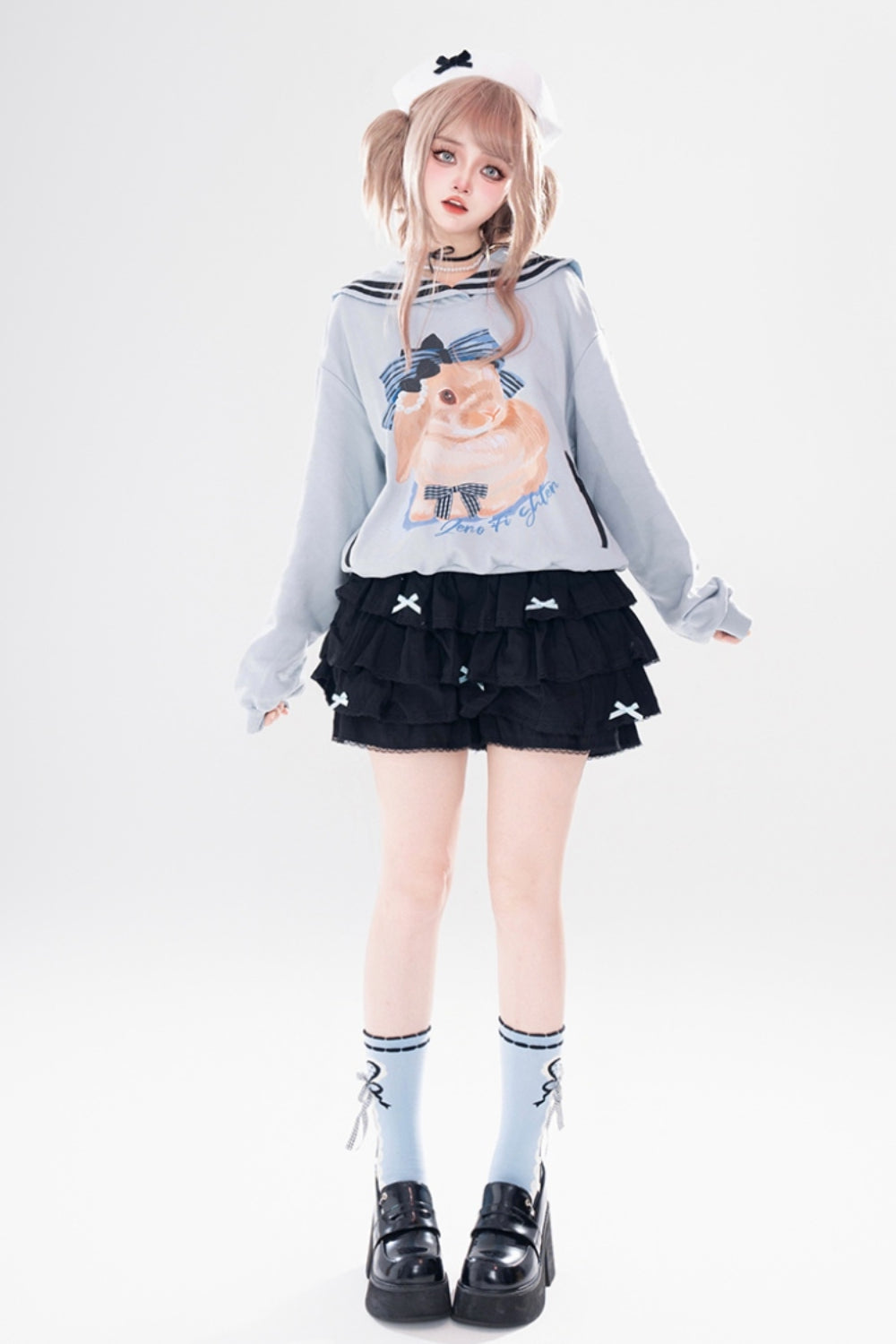 Gray/Light Blue Eli Rabbit Print Campus Sailor Collar Sweatshirt for Autumn